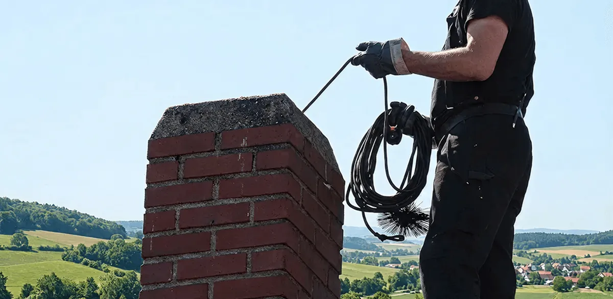 Chimney sweep inspecting and cleaning a rooftop chimney in Dallas, TX