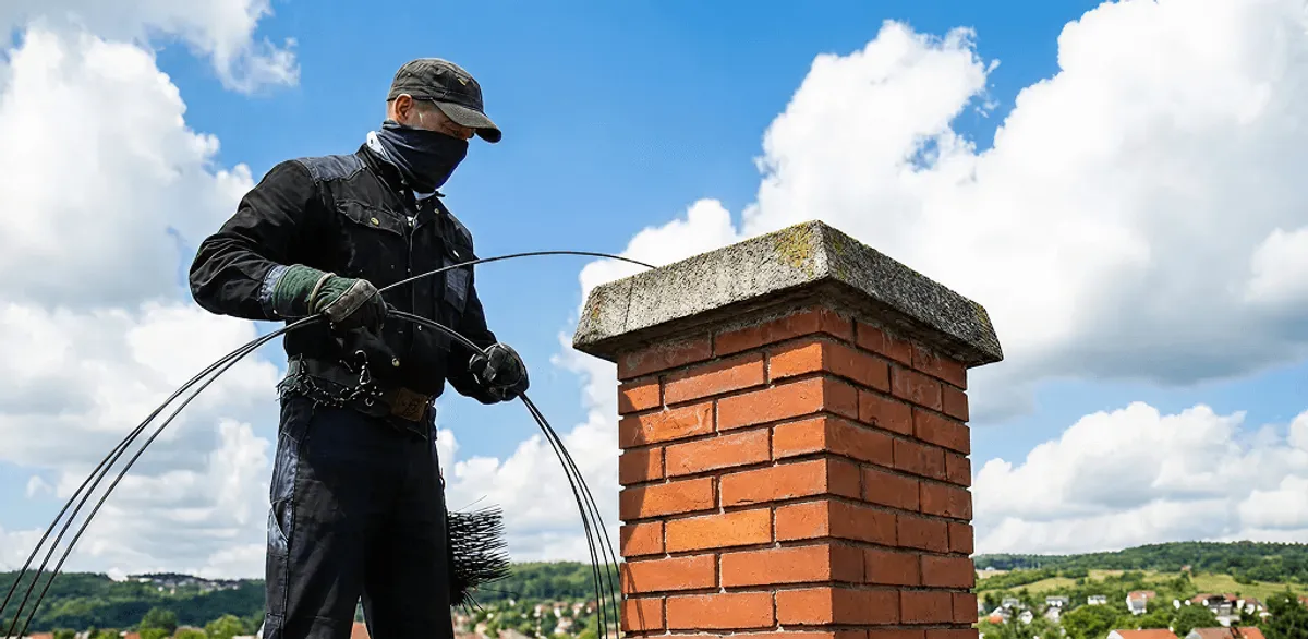 Chimney sweep cleaning a brick chimney with professional tools in Dallas, TX